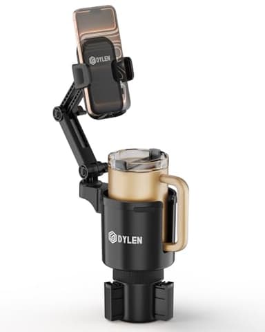 DYLEN Cup Holder Phone Holder for Car, 2 in 1 Cup Holder Phone Mount with Adjustable Base, Long-Arm Supports 360° Rotation, Car Phone Holder Compatible with All Phones| Anti-Slip&No Shake Design