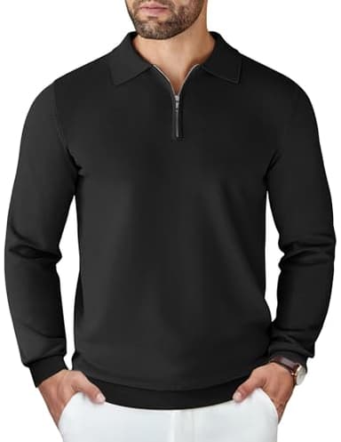 COOFANDY Mens Knit Polo Sweater Casual Long Sleeve Quarter Zip Polo Sweater Classic Golf Shirts Black