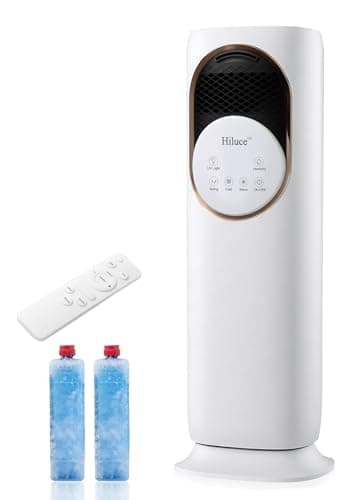 Hiluce 4-IN-1 Tower Fans that Blow Cold Air for Bedroom, Bladeless Fan and Heater Combo,28 ft/s Quiet Swamp Cooler Fan with Ice Packs,180° Oscillating,2 Heating & 3 Cooling Speed, 9H Timer