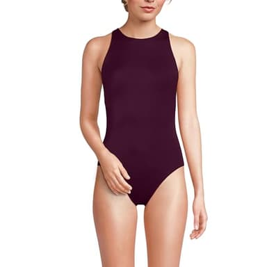 Lands' End Women's Tugless High Neck Portrait Back One Piece Swimsuit Dark Wine