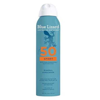 BLUE LIZARD Sport Mineral Sunscreen Spray SPF 50+, Dermatologist-Recommended Brand, Broad-Spectrum UVA/UVB Protection, Water-Resistant, Zinc Oxide Formula, Vegan, 5 fl oz