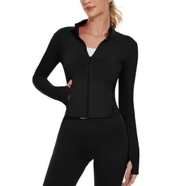 M MOTEEPI Workout Cropped Black Define Jacket Women Running with Zip Pockets Athletic Crop Jackets Yoga Gym Thumb Holes Small