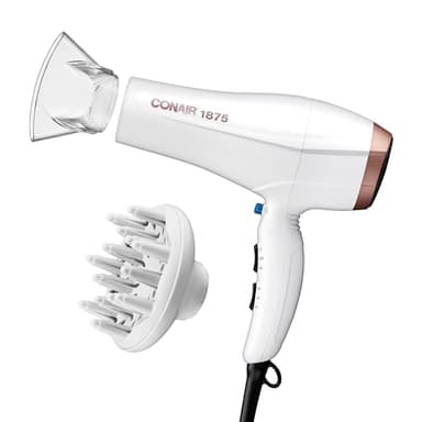 Conair Double Ceramic Hair Dryer, 1875W Blow Dryer with Diffuser and Concentrator, Ionic Conditioning, 3 Heat & 2 Speed Settings, Amazon Exclusive, White