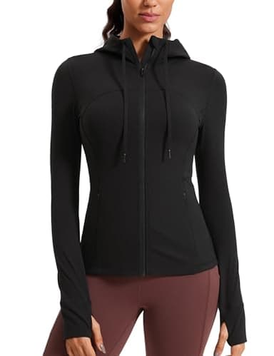 CRZ YOGA Butterluxe Hooded Athletic Jackets for Women - Full Zip Track Casual Tops with Thumb Holes Pockets Black Small