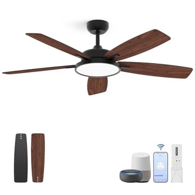 Roomratv 52 Inch Smart Ceiling Fan with Light,App Control,Ultra Silent Reversible DC Motor Fan Remote Control Compatible with Alexa Google home（black）