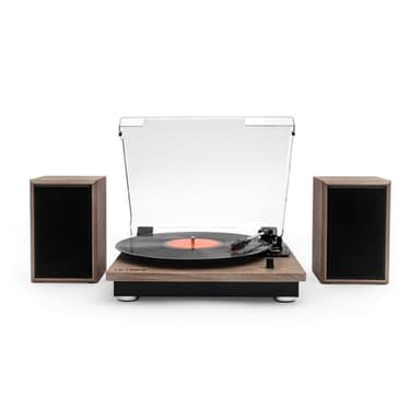 Victrola Montauk Vinyl Record Player, 3-Speed Belt Driven Turntable with Stereo Bluetooth Speaker Pair, RCA Output and 3.5mm Headphone Jack, Removable Dust Cover, Farmhouse Walnut Finish