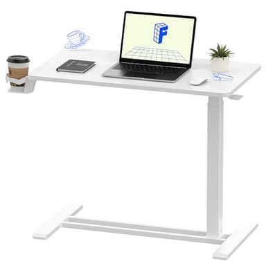 FLEXISPOT H7 Adjustable Overbed Bedside Table with Wheels Pneumatic Mobile Standing Laptop Desk Rolling Computer Cart Movable Overbed Table Hospital Home Use (31.5" W x 17.7" D, White Large)