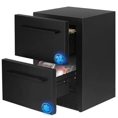 24Inch Double Drawer Refrigerator with Freezer,Under Counter Beverage Fridge for Indoor Outdoor Kitchen, Waterproof Black Stainless Steel Freezer for Freshness & Freezing Meat (-0.4℉ to 50℉)