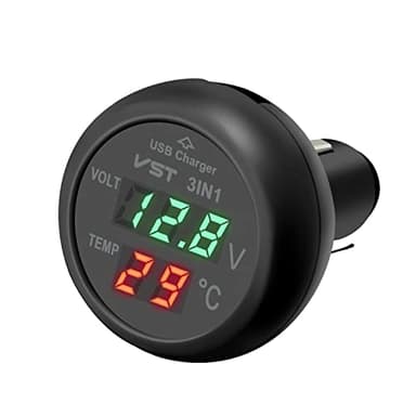 EVKIFEY 3 in 1 Car Voltmeter,USB Charger Adapter Auto Cigarette Lighter Plug Voltage Meter Vehicle Temperature Gauge Battery Tester Monitor with LCD Digital Display for 12V/24V Trucks, SUVs, Buses