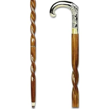 Antique Spiral Brown Wooden Walking Stick with Silver Brass Designer Parrot Handle Walking Wooden Cane for Gift Men & Women