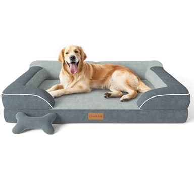 CWAWZ Extra Large Dog Bed, Orthopedic XL Dog Bed with Cooling Gel Memory Foam, Waterproof Pet Bed with Removable Washable Cover, 42" Pet Sofa Couch Dutch Velvet with Bone Toy, Dark Gray