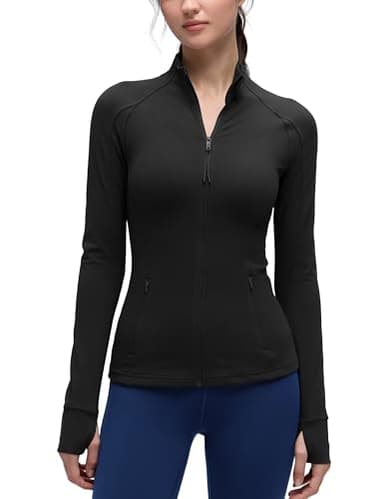 CRZ YOGA Butterluxe Hip Length Jackets for Women - Full Zip Athletic Track Tops with Thumb Holes Pockets Black Medium