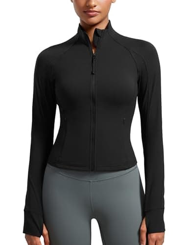 CRZ YOGA Butterluxe Waist Length Jackets for Women - Full Zip Athletic Track Tops with Thumb Holes Pockets Black Small