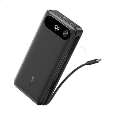 Anker Power Bank, 20,000mAh Travel Essential Portable Charger with Built-in USB-C Cable, 3-Port 87W Max Fast Charging Battery Pack, for MacBook, iPhone 16/15 Series, Samsung, Switch, and More