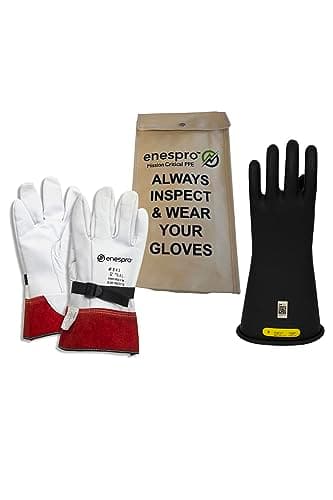 Enespro Class 2 Black Rubber Voltage Insulating Glove Kit with Leather Protectors, Max. Use Voltage 17,000V AC/ 25,500V DC (KITGC2B10)