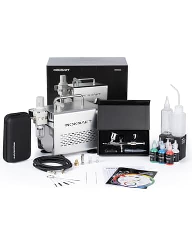 InoKraft Airbrush Kit with Air Compressor- 1/6 HP Quiet Air Compressor, Gravity Airbrush with 3 Tips 0.2, 0.3 & 0.5 mm- Hose, Holder, How-To Guide- Airbrush Paint Set for Model Painting gift 4 Colors