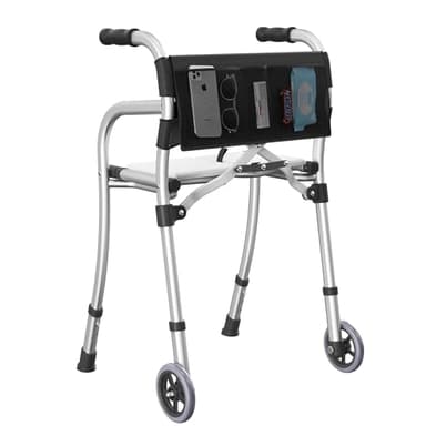 Narrow Walkers for Seniors, Folding Standard Walker with Seat, Lightweight Aluminum Mobility Rolling Walker for Seniors and Adults, Compact Travel Walker Height Adjustable, Supports 350 lbs，Only 8LBS