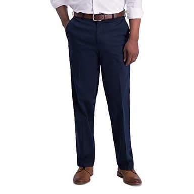 Haggar Men's Iron Free Khaki Classic Expandable Waistband Casual Pant Pants, Dark Navy, 34 x 29