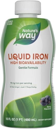 Nature's Way Liquid Iron, 100% Daily Value, 18 mg Iron as Ferric Glycinate per Serving, No Sugar Added, Berry Flavored, 16 Fl Oz (Packaging May Vary)