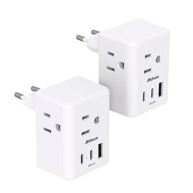 2 Pack European Travel Plug Adapter, Mifaso International Power Plug Adapter with 3 Outlets 3 USB Charging Ports(2 USB C), Type C Plug Adapter Europe Travel Essentials to Spain Italy France