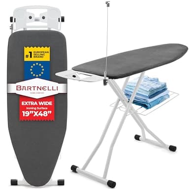 Bartnelli Extra Wide Pro Ironing Board 19x48 Ironing Surface with Iron Rest, Cord Holder, Shelf and 4 Layer Heat Resistant Cover and Pad