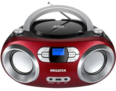 MEGATEK Portable CD Player Boombox with FM Radio, Bluetooth, USB Port, AUX Input, and Headphone Jack – CD-R/CD-RW/MP3-CD Compatible, Clear Stereo Sound, Backlit LCD Display – Cherry Red