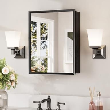 Keonjinn Small Medicine Cabinet Mirror 14" x 18", Assembly Needed, Black Bathroom Medicine Cabinet with Mirror, Beveled Framed, Stepless Adjustable Shelf, One Shelf Only, Wall-Mounted or Recessed