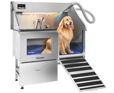 POLIMO Dog Wash Station with Pet Dryer & LED, Professional Dog Bathing Station for Large, Medium & Small Dogs – with Window, Ramp, Drawer, Floor Grate, LED Display & Faucet (Right Ramp & Dryer, 50")