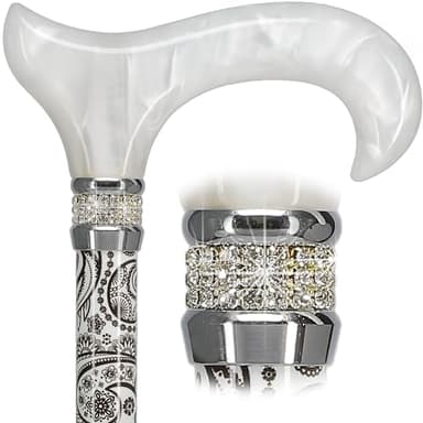 Royal RC Canes Rhinestone Designer - Black & White Majesty Pearlz Walking Cane Adjustable - Aluminum Shaft - Stylish Canes for Women and Men Stability - Seniors Walking Stick