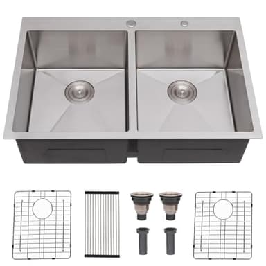SHACO 33x22 Inch 50/50 Double Bowl Drop In Kitchen Sink 16 Gauge 33 Inch Stainless Steel Kitchen Sink Top Mount with Grid and Accessories