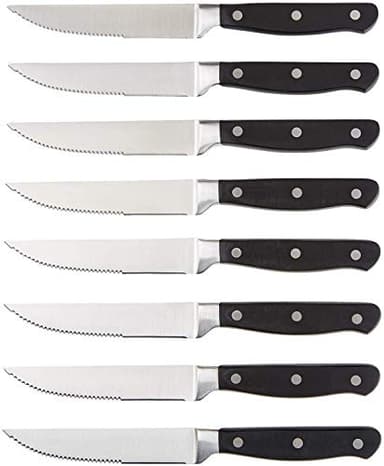 Amazon Basics 8-Piece Full Tang Stainless Steel Serrated Steak Knife Set, 4.5", Black