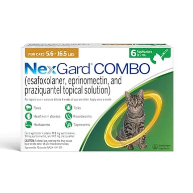 NexGard® Combo (esafoxolaner, eprinomectin, and praziquantel Topical Solution) Flea and Tick Protection Plus Heartworm Disease Preventive for Cats, 5.6-16.5 lbs. (Yellow Box) 6 Doses (6 Month Supply)