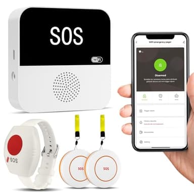 PILSAMAS WiFi Caregiver Pager Wireless Call Button with App Alert, Medical Alert Systems for Seniors No Monthly Fee- 2 Caregiver Call Button + Wristband Panic Button, Alert Button for Seniors at Home