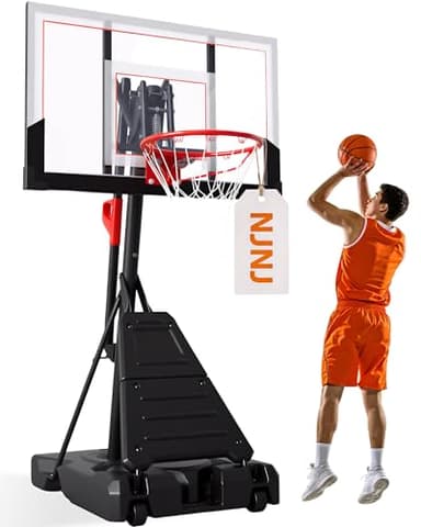 NJNJ Outdoor Basketball Hoop Portable, 4.8-10FT Adjustable Basketball Goal System, 44 Inch Shatterproof Backboard, Heavy Duty Base with Wheels, Driveway Basketball Hoop for Home Court Practice Play