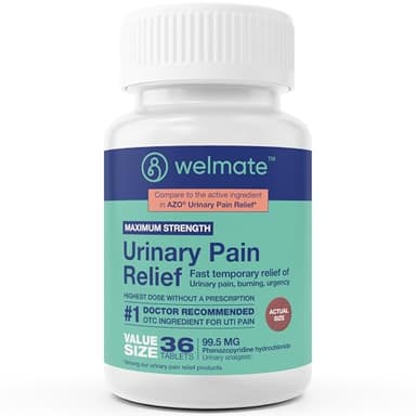 WELMATE Urinary Pain UTI Relief Maximum Strength (Phenazopyridine HCL) - Improve Urinary Tract Health & Bladder Control, Urgency, & Discomfort | Over-The-Counter Medication for Men & Women (36 Pills)