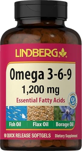 Lindberg Omega 3 6 9 Supplements | 1200mg | 90 Softgels | Essential Fatty Acids | with Fish, Flax, and Borage Oil | Non-GMO, Gluten Free