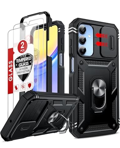 LeYi Compatible for Samsung Galaxy A15-5G Phone Case: Galaxy A15 5G Screen Protector Scratch Resistant [2 Packs] with A15 Case, Heavy Duty Active Outdoor Shockproof para Galaxy Case A 155G, Black