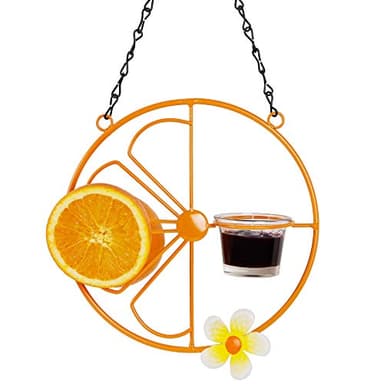 FORUP Oriole Bird Feeder for Outdoors Jelly and Oranges, Orange Fruit Oriole Jelly Bird Feeder, Outdoor Garden Metal Hanging Drinking Grape Jelly Container Hummingbird Feeder, One Pack
