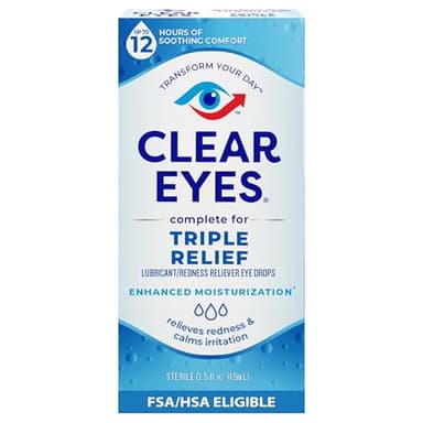 Clear Eyes Triple Relief Eye Drops for Redness, Irritation and Dry Eyes, 12 Hours of Soothing Comfort, 0.5 Fl Oz
