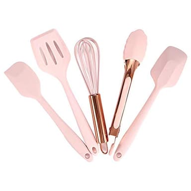 Collfa Rose Gold And Pink Kitchen Utensil Small Five-Piece Set Mini Silicone Kids Kitchen Tools Whisk Spatula Tongs Spoon And Slotted Spatula(Kids Baking Supplies)