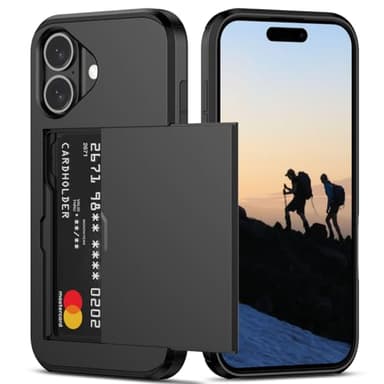 Nvollnoe Compatible with iPhone 16 Case with Card Holder Heavy Duty Protective Dual Layer Shockproof Hidden Card Slot Slim Wallet Phone Cover for iPhone 16 for Women&Men 6.1 inch(Black)