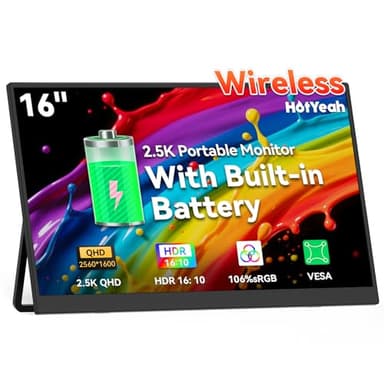 16" 2.5K Wireless Portable Monitor Battery-Powered, Support AirPlay Miracast, 2560×1600P IPS USB-C HDMI External Monitor, 2nd Screen for Laptop MacBook PC Phone Tablet, w/Built-in Battery(4- 5H)