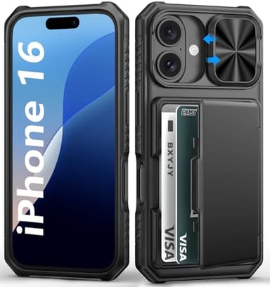 BXYJY for iPhone 16 Case Wallet, Built-in Card Holder (4-5 Cards), Slide Camera Cover, Military Drop Protection, RFID Blocking, Rugged Heavy Duty Men Women Protective Phone Case for iPhone 16, Black