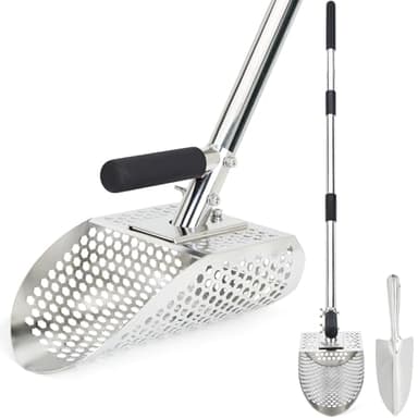 Sand Scoop for Metal Detecting, Stainless Steel Metal Detector Scoop with Long Steel Handle, Sand Sifter for the Beach, Metal Detector Accessories, Metal Detecting Shovel, Sand Flea Rake for Beach