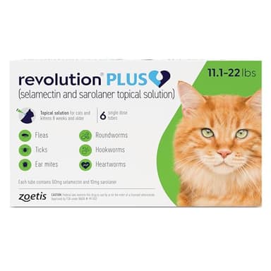 Revolution Plus (selamectin and sarolaner Topical Solution) for Cats, 11.1-22 lbs (Green), 6 Tubes