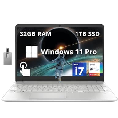 HP 15.6" FHD Touchscreen Business Laptop, Intel i7-1255U, 32GB RAM, 1TB PCIe SSD, Intel Iris Xe Graphics, Num Pad, Webcam, Windows 11 Pro, Natural Silver, 32GB Hotface USB Card