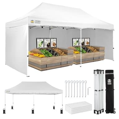 CROWN SHADES 10x20 Pop Up Canopy Tent, Thicken Frame Commercial Heavy Duty Tent, 4 Sidewalls 8 Stakes & 4 Sandbags & 4 Ropes, Outdoor Canopies for Events, Parties,White