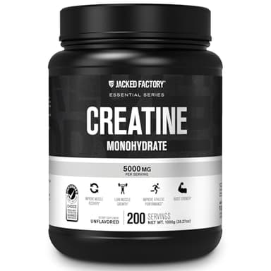 Jacked Factory Creatine Monohydrate Powder 1000g - 5g Daily Creatine Supplement for Men and Women, Vegan-Friendly, Third-Party Tested - 200 Servings, Unflavored