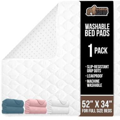 GORILLA GRIP Washable Underpads, Waterproof Reusable Heavy Absorbency Incontinence Bed Pads, Leak Proof Toddler Mattress Pad, 52x34 Slip Resistant Protector for Bedwetting, Adults and Kids, White