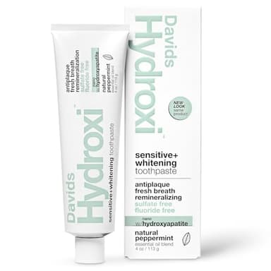 Davids Hydroxi Fluoride Free Nano Hydroxyapatite Toothpaste for Remineralizing, Sensitive Support, Whitening, Antiplaque, SLS Free, Natural Peppermint, 4oz, Made in USA